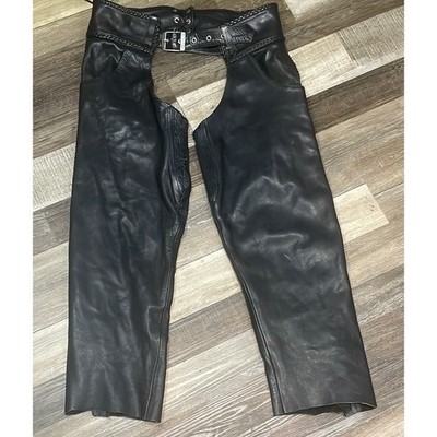 STONEHEAD Mens Black Leather Motorcycle Chaps Braided Trim Biker Riding Pants L
