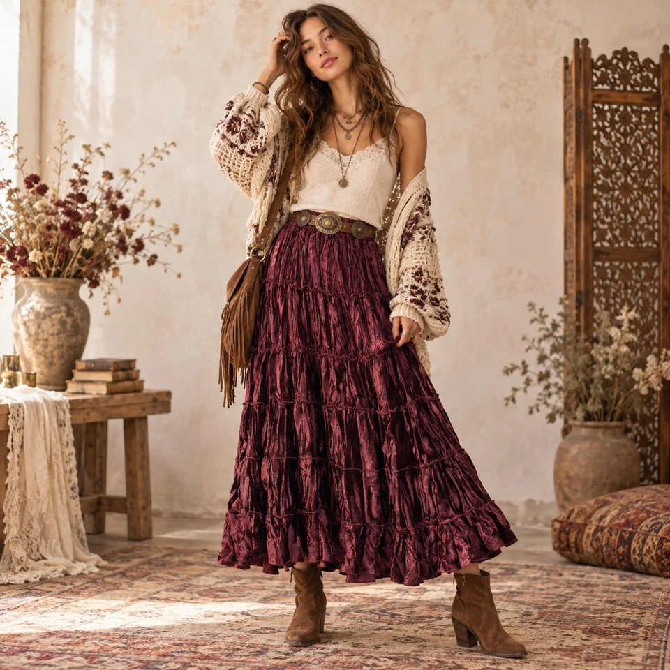 Allison Taylor Velvet Tiered Skirt Womens Size S Burgundy Boho Chic Whimsigoth - Image 1 of 4