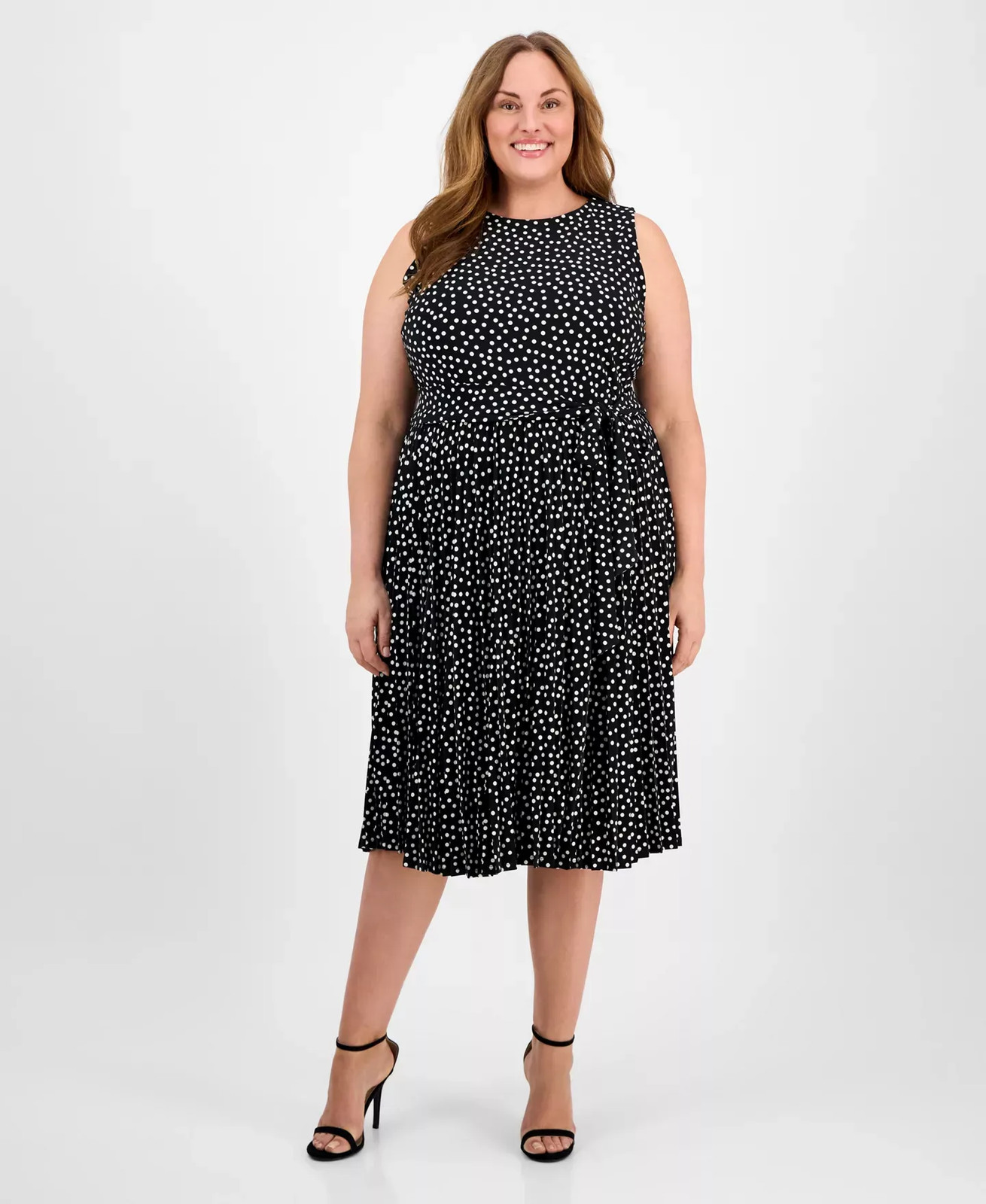 Anne Klein Women's Plus Sz Dress 20W Size Dot-Print Pleated Midi