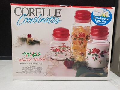 RARE VINTAGE SET OF 3 IN BOX CORELLE COORDINATES WINTER HOLLY GLASS JARS W/ LIDS