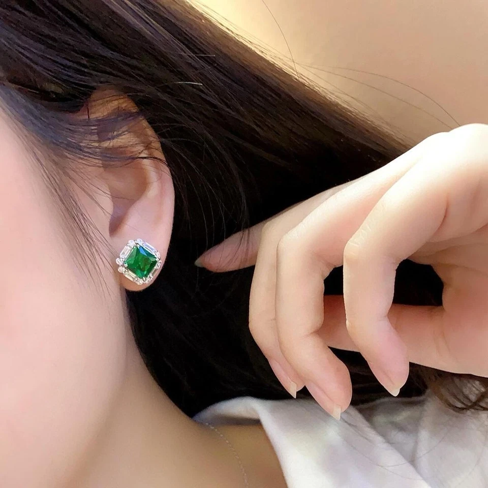 Precioso pendiente de diamante esmeralda natural princesa de 5,76 quilates de oro blanco real de 14 quilates Foto 3 de 4