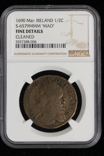 1690 Ireland. 1/2 Crown. March. Very rare "MAO" error. NGC Graded Fine