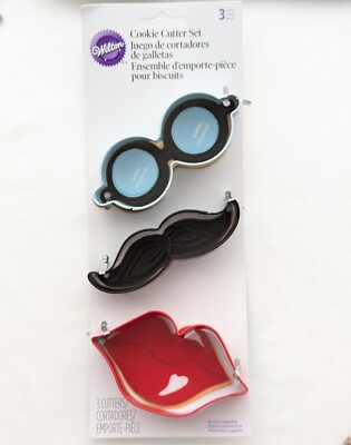 Wilton Novelty 3 Piece Cookie Cutters Glasses Mustache Lips Gag Gift