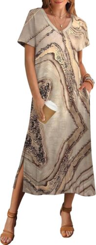 Summer Floral V-Neck Maxi Dress Short Sleeve Casual Beach Dress with Pockets