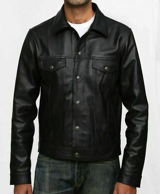 Men's Black Trucker Jacket 100% Real Leather Snap Button Casual