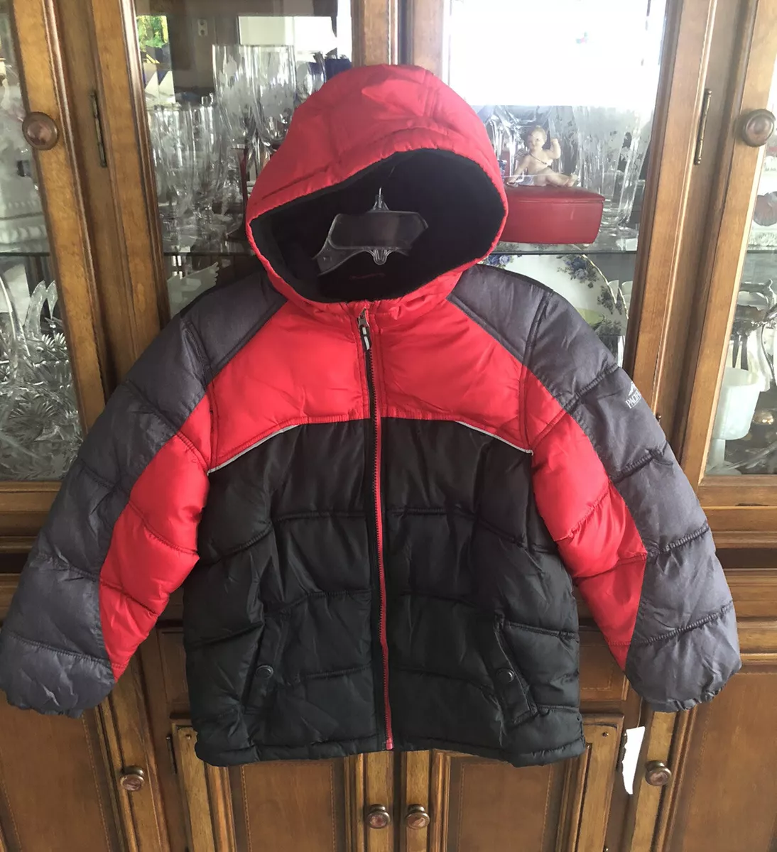 Puffer Jacket W Hood Boys SZ Large 14 16 Pacific Trail Red Black Gray NWT