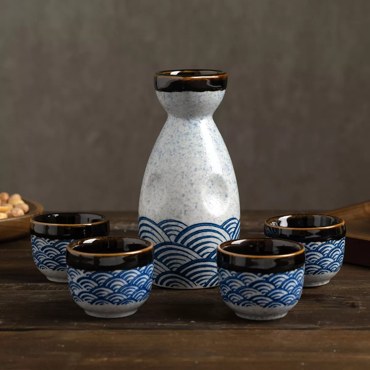 Japanese Blue Ocean Waves Design Glazed Ceramic Sake Set w/ Serving Carafe  & Cup