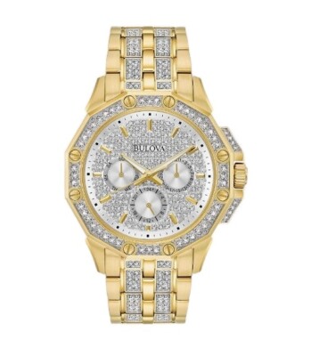BULOVA $675 MEN'S SUPER SPARKLY DAZZLING PAVÉ CRYSTALS GOLD DRESS WATCH 98C126