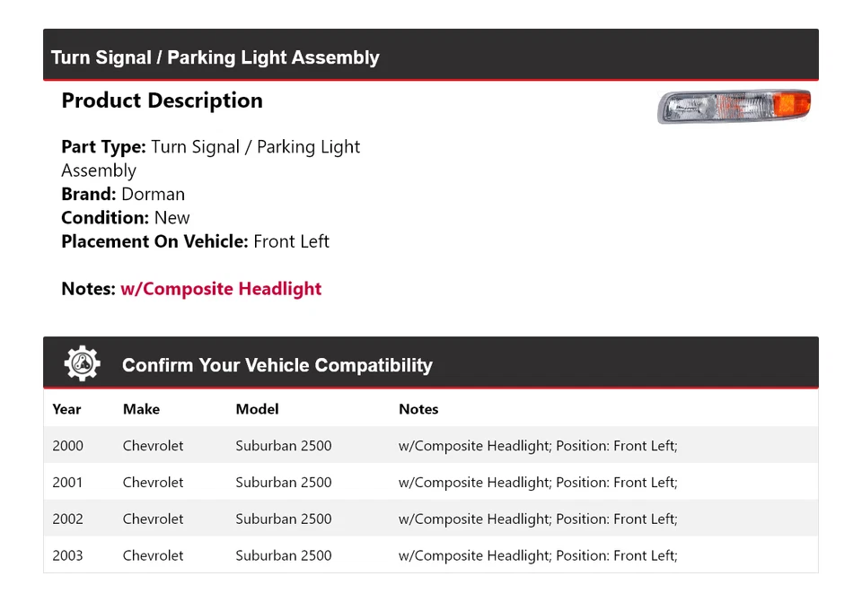 Conjunto de luces de giro/estacionamiento 2001 para Chevrolet Suburban 2500 Dorman 2000-2003 Foto 2 de 4