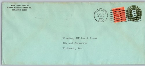 clover valley lumber cover to Law firm Winston Miller & Clack Loyalton Ca. 1939