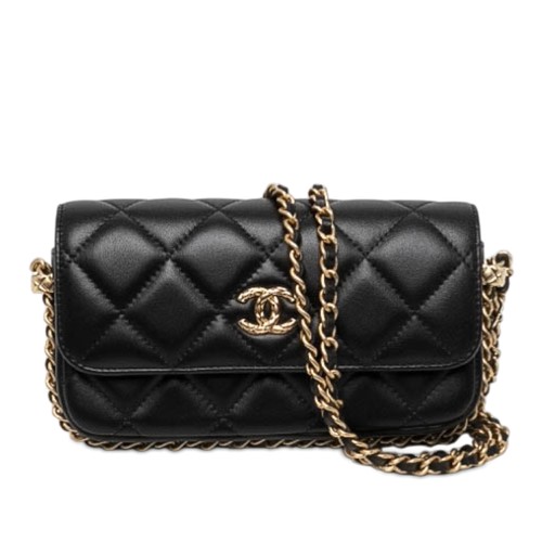 Chanel CC Quilted Lambskin Flap Phone Holder with Chain Shoulder Bag Black