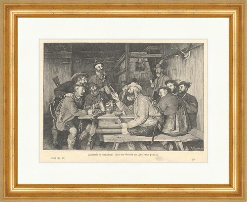 Jägerlatein im Hochgebirge Gasthaus Wirtshaus Wilderer Holzstich E 2032 Gerahmt - Bild 1 von 1