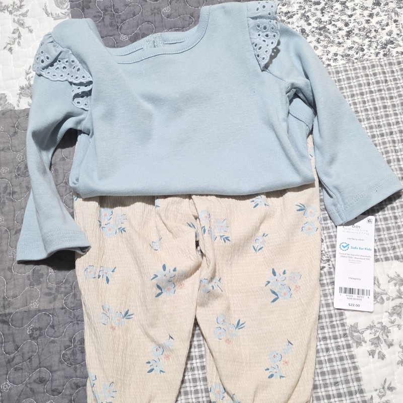 Carter's Infant Long Sleeve Set With Pants; 6M  Girl Ruffle Sleeves New