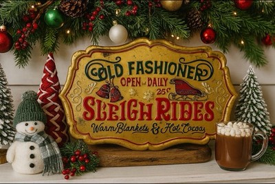 Old Fashioned Sleigh Rides Metal Wall Sign, Christmas sign, Winter, NEW 18 X 12