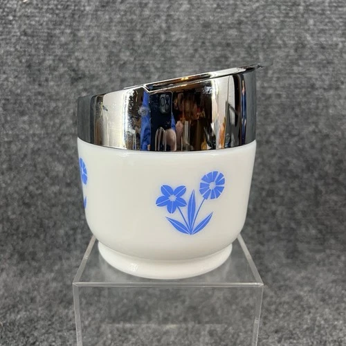 Vintage GEMCO USA White Milk Glass Sugar Bowl  Blue Floral Design 4.5" × 4"