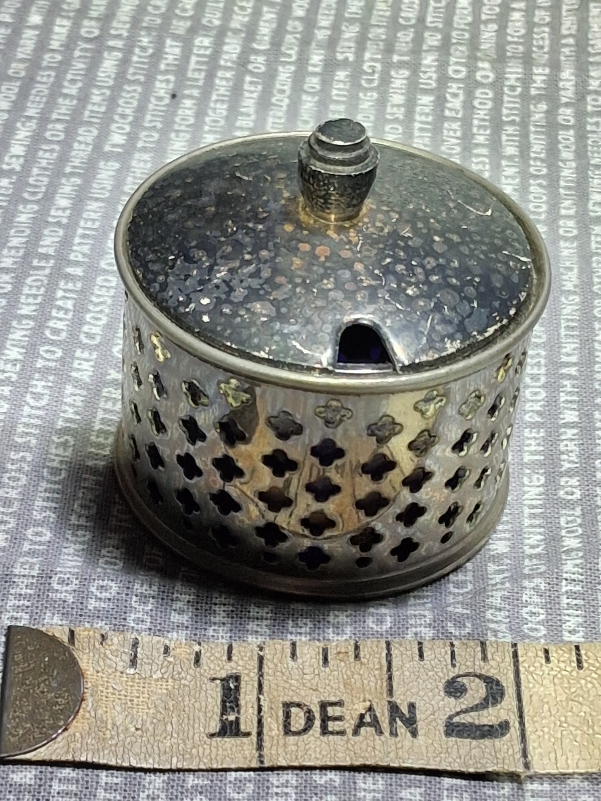Vintage Salt With Blue Liner Cross Shape Perforated Metal Silver Tone Plated Pot