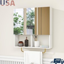 Wall Mounted Bathroom Storage Cabinet W/ Mirror Adjustable Shelves Towel Bar New