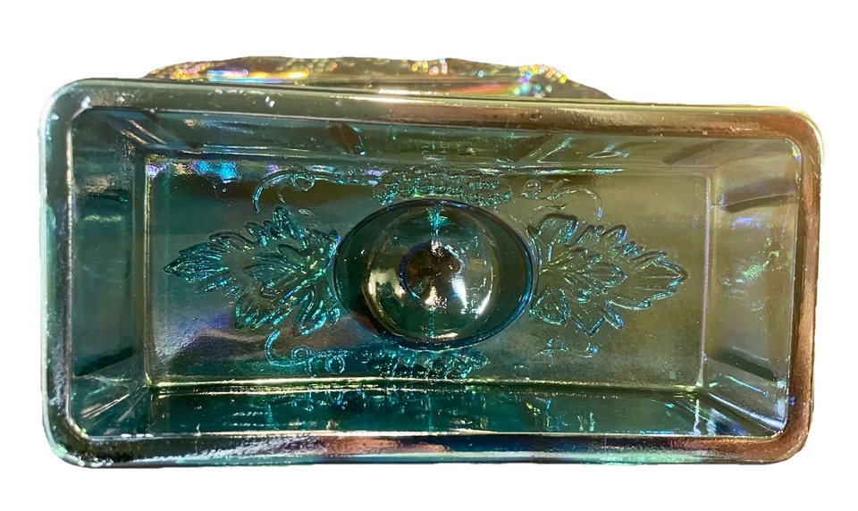 ENVÍO GRATUITO DE COLECCIÓN Indiana Iridiscente Azul Carnaval Vidrio Cosecha Uva Mantequilla Plato Foto 3 de 4