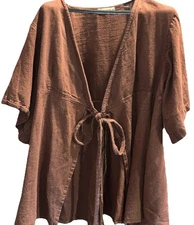Hemp Temple BROWN Maya WRAP TOP Lagenlook Shirt Minimalist wide Short Sleeves, M