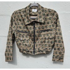 Y2K Cropped Blazer Small Tan Green Printed Full Zip Cargo Retro Utility Jacket
