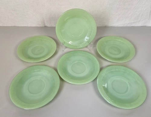 Set of 6 Vintage Green Jadeite Ribbed Jane Ray Cup Saucer Plates Fire King