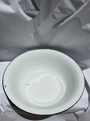 Vintage 12   ENAMEL Wash Bowl BASIN Bin White w Black Trim