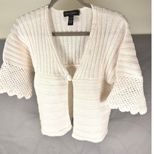 Cable  Gauge White Cotton Cropped Knit Cardigan Sweater 3/4 Sleeve Women's L