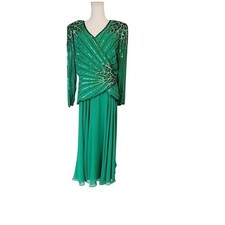 Stunning Green Sequin Beaded V Neck Long Sleeve Maxi Dress Formal Evening Gown