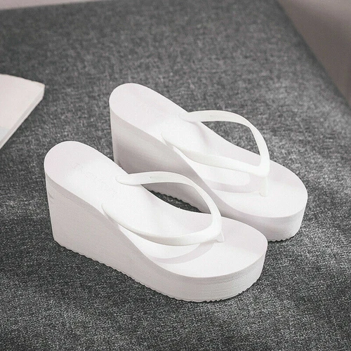 Damen Sommersandalen Plateau Keilabsatz Hausschuhe einfarbige Schuhe mittlere Absätze Flip Flops - Bild 43 von 59