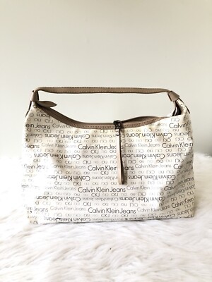 Calvin Klein Hobo Bag Womens Beige Leather Lined Strap Zip Top