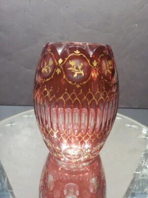 Antique Glass Vase Cranberry cased cut to clear gold gilt, Moser Karlsbad Signed