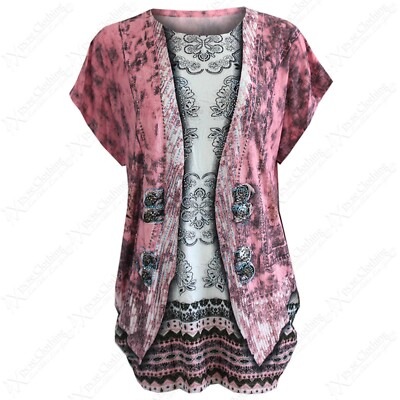 ÜBERGRÖSSE DAMEN OVERSIZED 2 IN 1 BLUMENDRUCK EDELSTEIN VERZIERT T-SHIRT 12-20