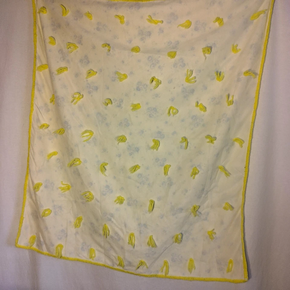 Manta Receptora Bebé Vintage Crochet Borde Franela Atada Amarillo Azul Rosa Floral Foto 2 de 4