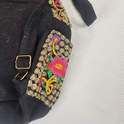 Black Embroidered Mexican Backpack Bag Pink Flowers Travel Pack Black Embroidered Mexican Backpack Bag Pink Flowers Travel  main image 3