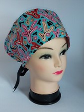 Turquoise/Multi Color 100 Cotton Tie-Back Euro Style Scrub Hat/Cap USA