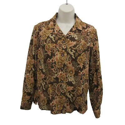 Sag Harbor Womens Button Frlont Shirt Top Blouse Brown Red Floral Long Sleeve 6P