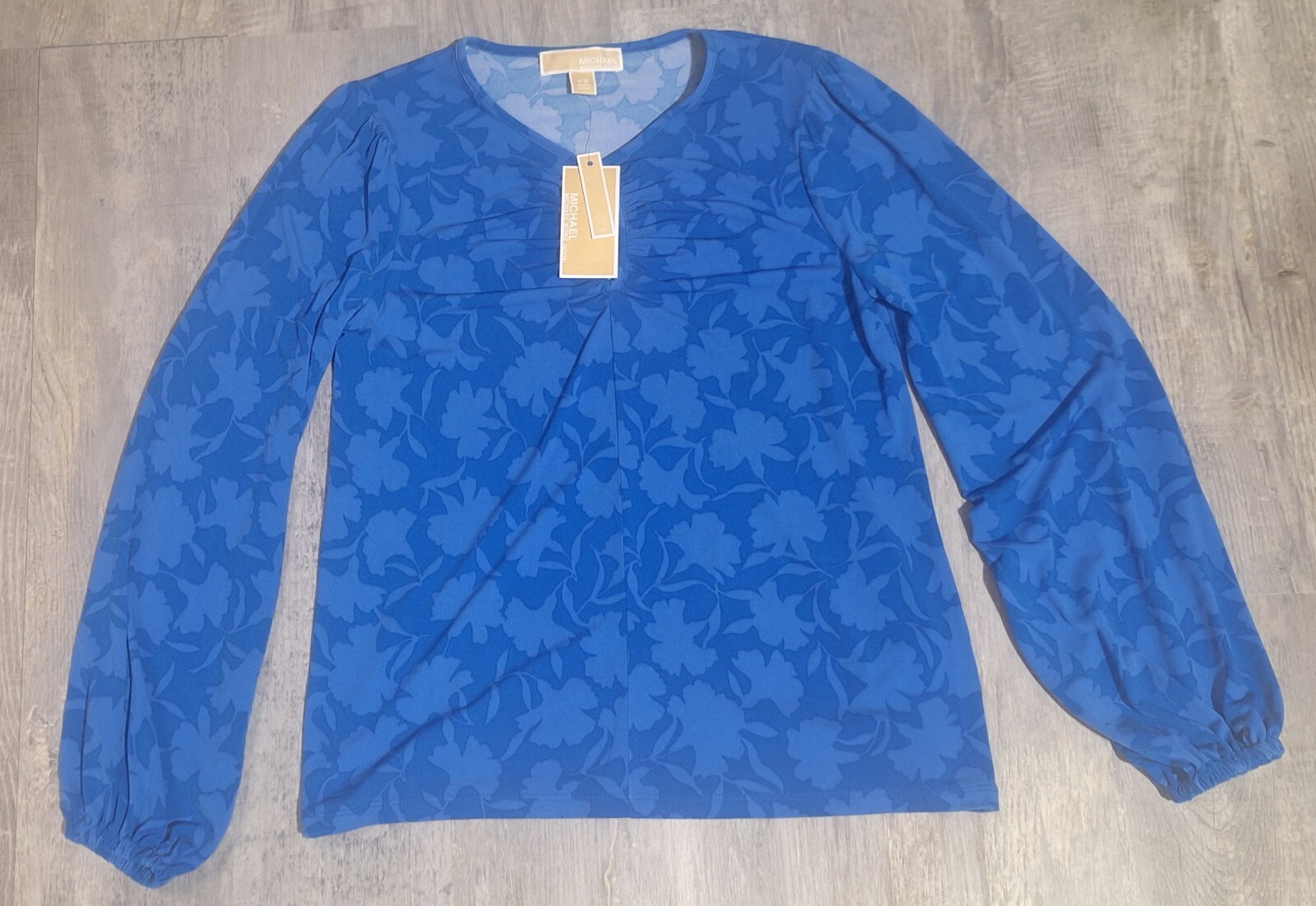 Michael Kors Women's P/S Petite Small Grecian Blue Floral Blouse Longsleeve  thumbnail 4