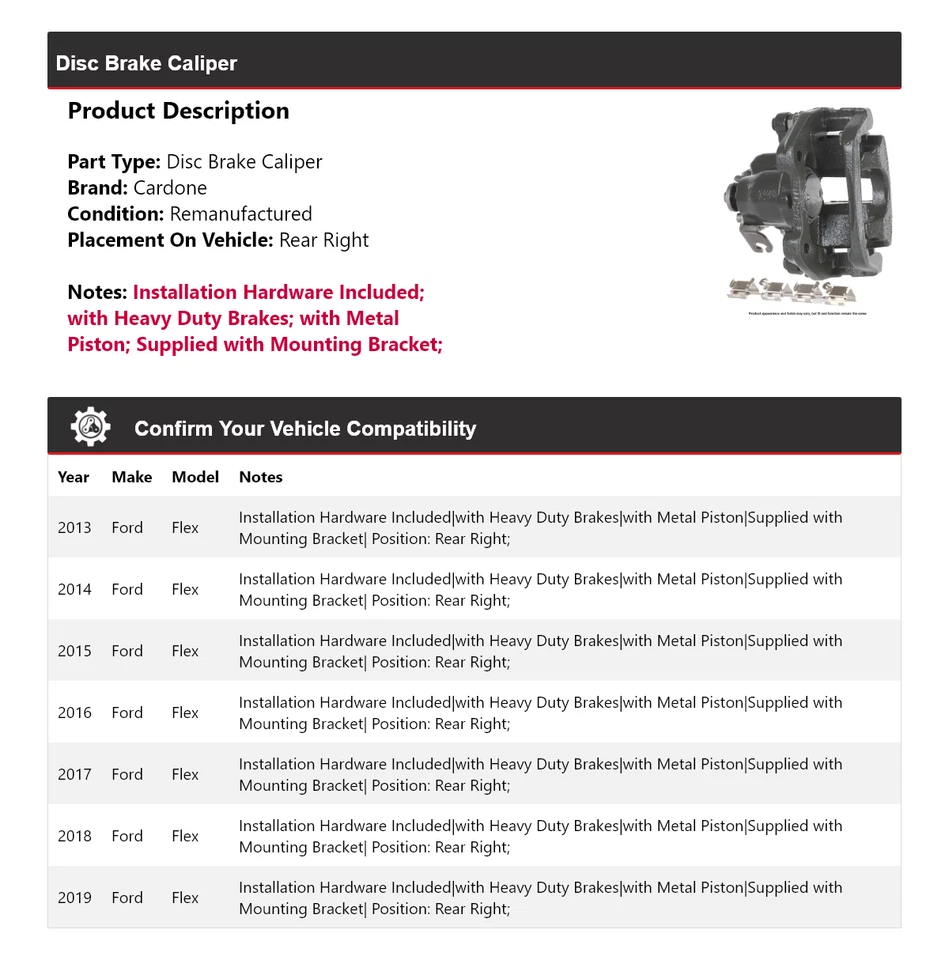 Pinza de freno de disco trasera derecha Cardone 2014 2015 2016 para Ford Flex 2013-2019 Foto 2 de 4