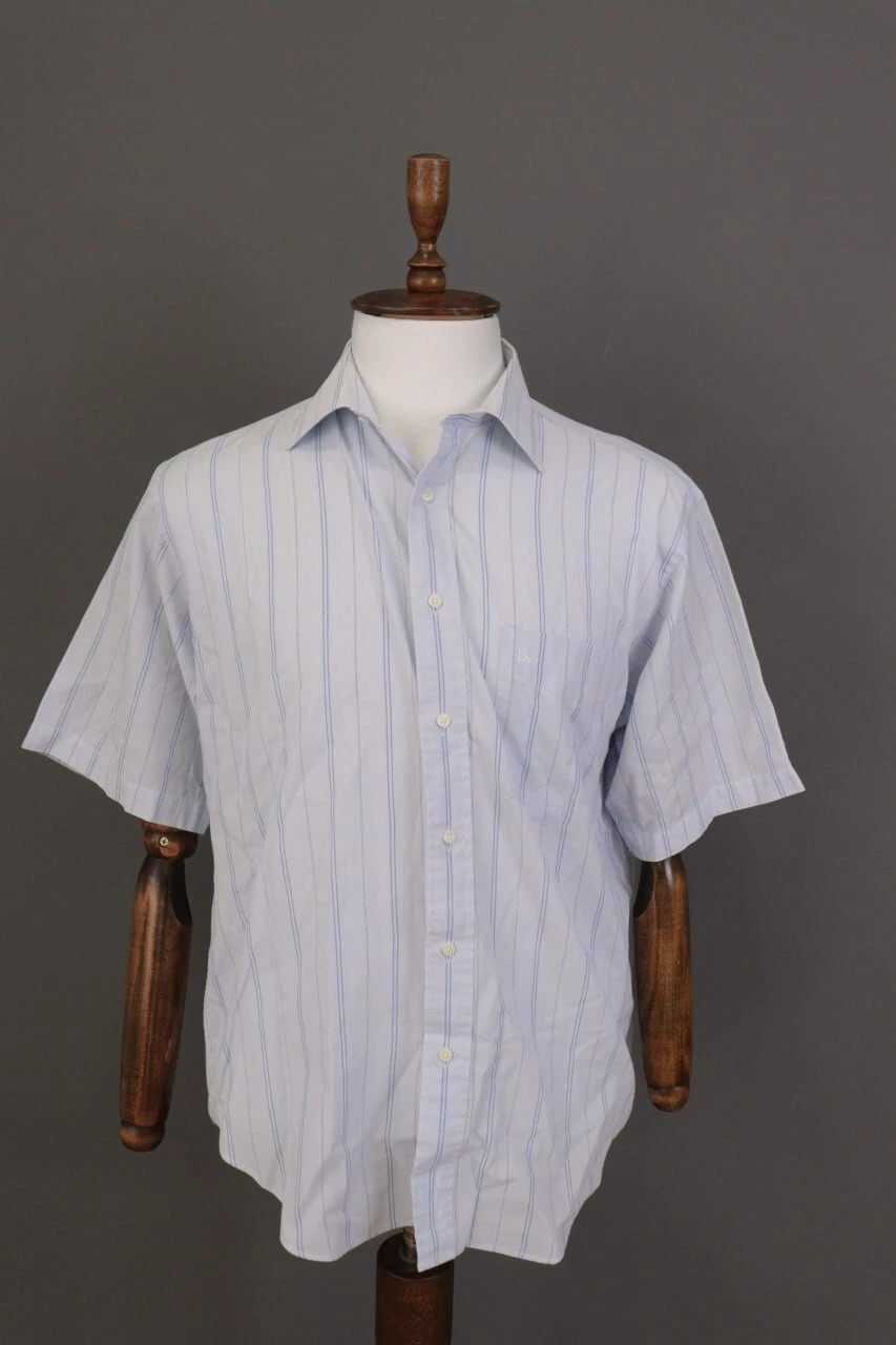 Camicia abito vintage Christian Dior blu a righe maniche corte taglia 41 16