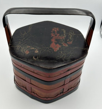 Antique Chinese Wedding Sewing Basket Red & Black Lacquer Painted Bamboo