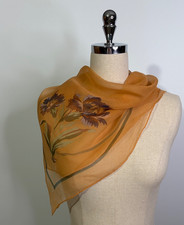 Casharel- Vintage Sheer Dark Orange w/ Bearded Iris Square Scarf- Signed