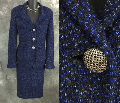 BEAUTIFUL St John knit blue black jacket skirt suit size 6 8