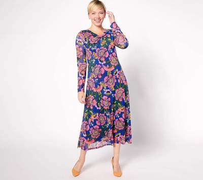 Destination 365 Regular Printed Mesh Midi Dress with Twisted Neck Detail Blue XS