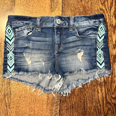 Express Jean Shorts Embroidered 4 Retro Y2K Distressed Boho Stretch Raw Hems