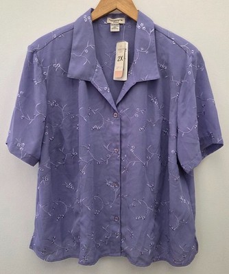 Notations Purple Collared Button-Up Short-Sleeve Embroidered Blouse, 2X, NWT