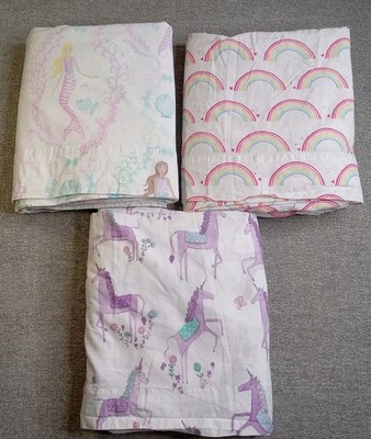 Pottery Barn Kids Set 3 Full Flat Sheets: Rainbows,  Unicorns, Mermaids 100%...