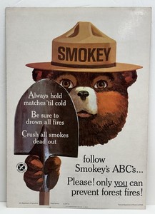 Original 1965 Smokey the Bear Waxed Cardboard Poster Vermont Forrest & Parks