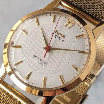 HMT Sona Vintage Handaufzug Uhr weißes Zifferblatt Gold Mesh Band aus Japan