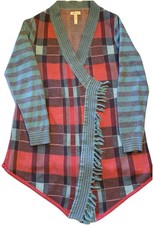 Matilda Jane Girls Orange Marmalade Fringed Sweater Jacket Wrap Plaid Size XS