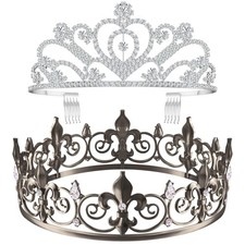 2 Pcs King and Queen Crowns for Men Women Metal Crystal Royal Tiara Crown for...